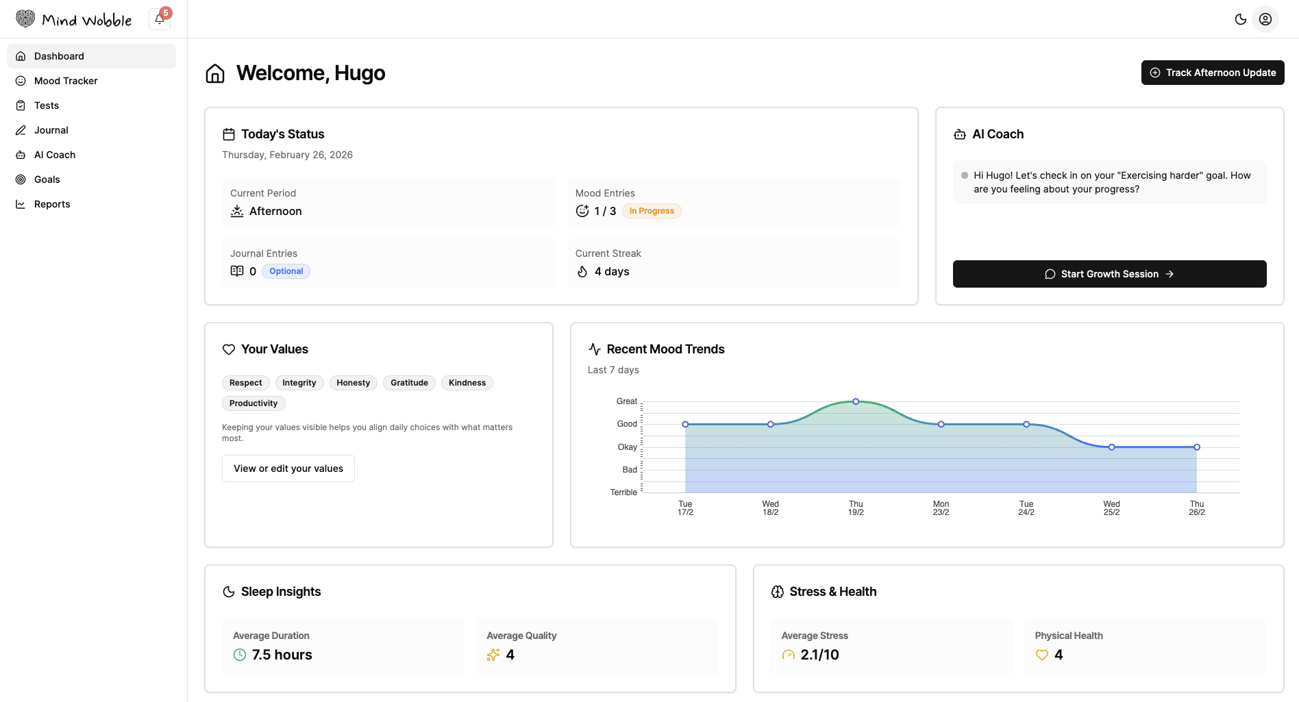 Mind Wobble app dashboard
